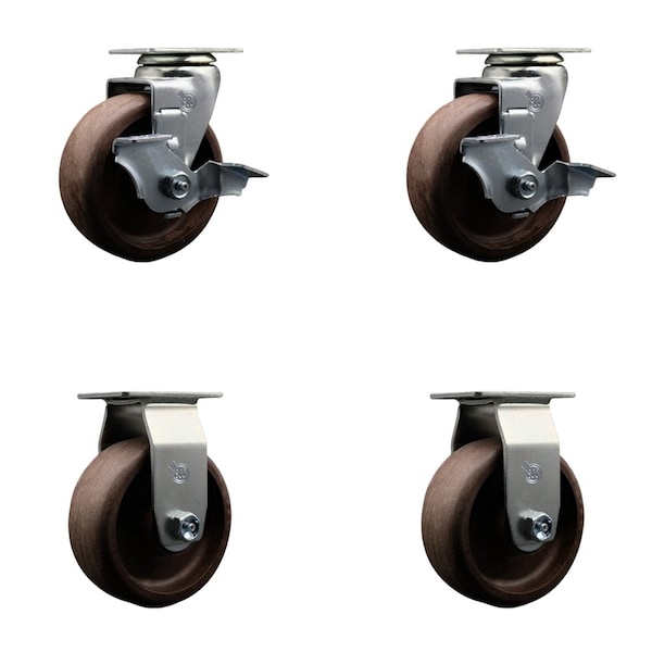 5'' High Temp Glass Filled Nylon Caster Set w/Roller Bearing 2 Brakes 2 Rigid, 4PK